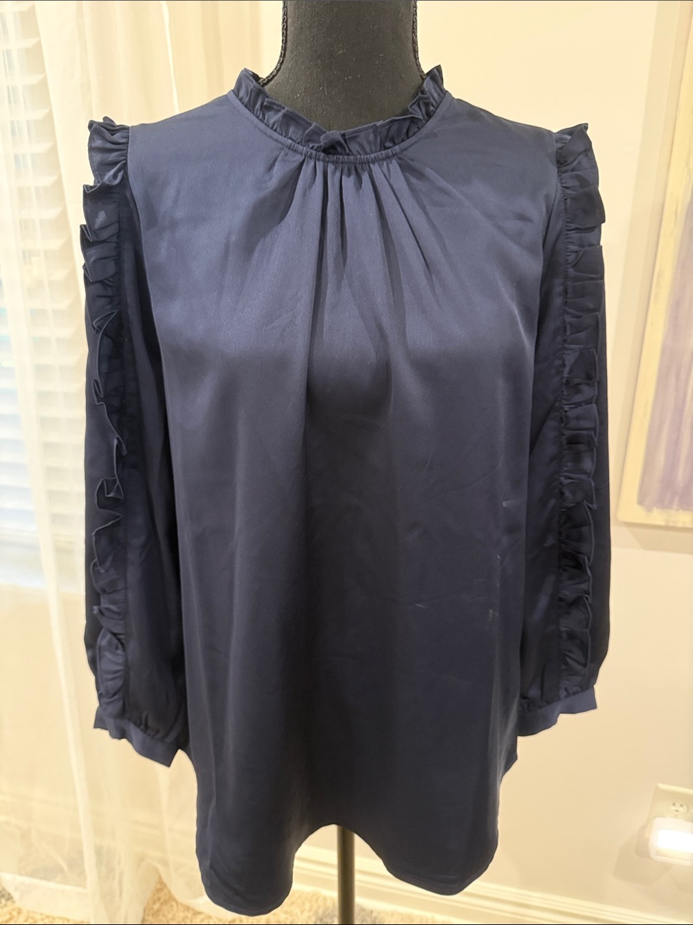 Banana Republic Navy Ruffle-Trim Long Sleeve Blouse Dress